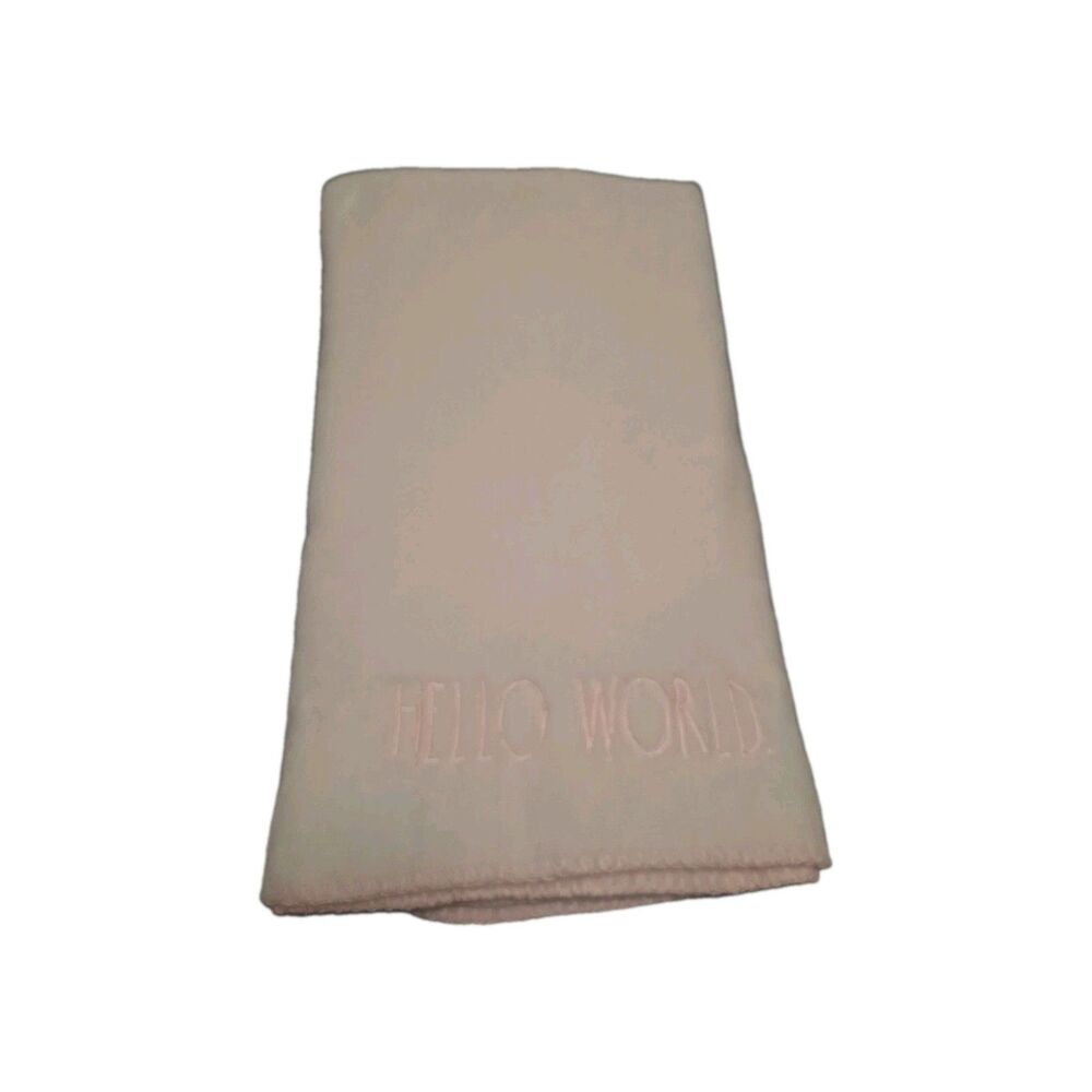 Rae Dunn Baby Blanket Hello World White Pink Embroidered Plush Throw 30x40 Soft